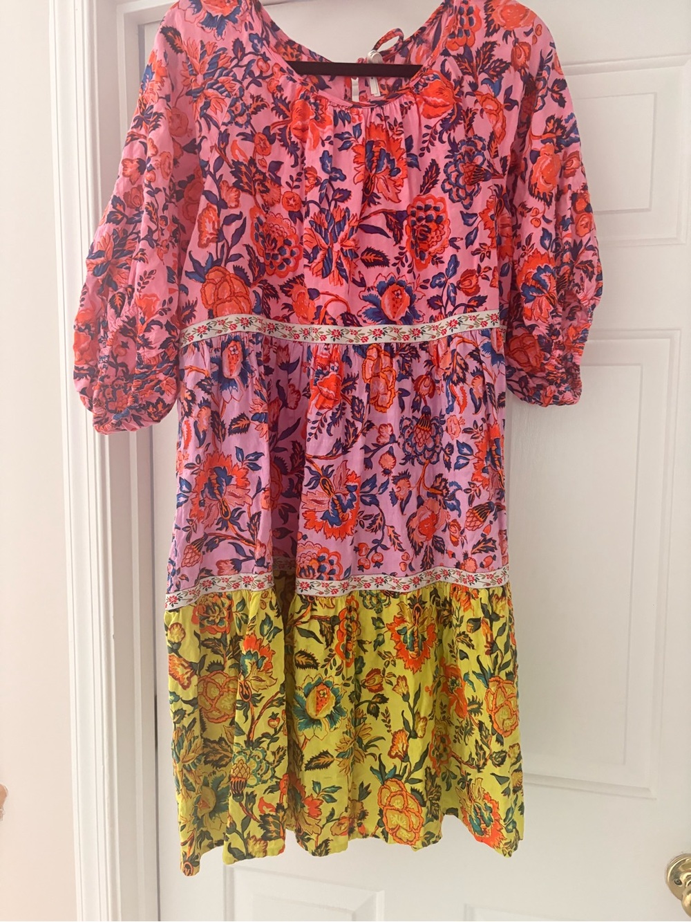 Anthropologie Floral Tiered Boho Midi Dress in Pink & Yellow size medium